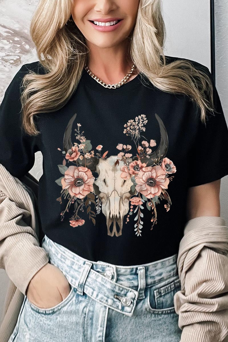 US3001-E3113 Western Skull Floral Graphic Tee $12.5