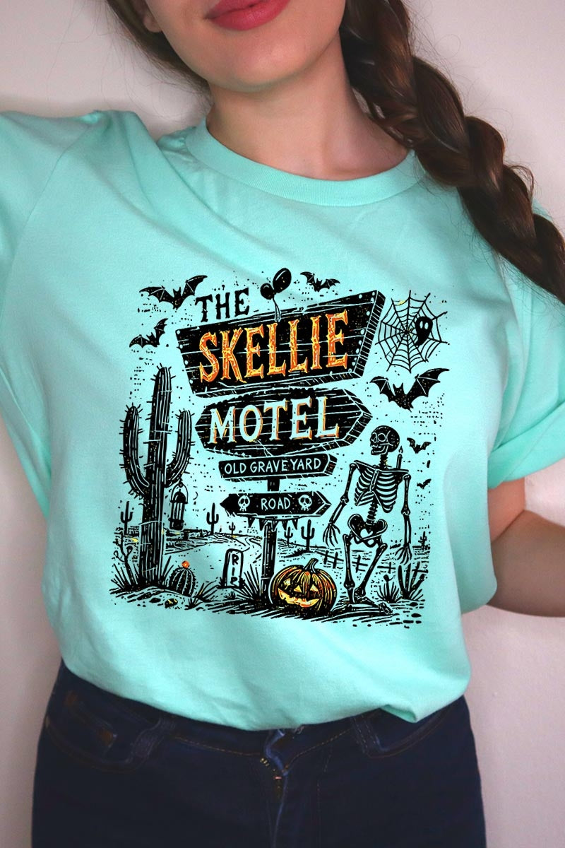 US3001P-E3108 Skellie Motel Halloween Graphic Plus Tee $16