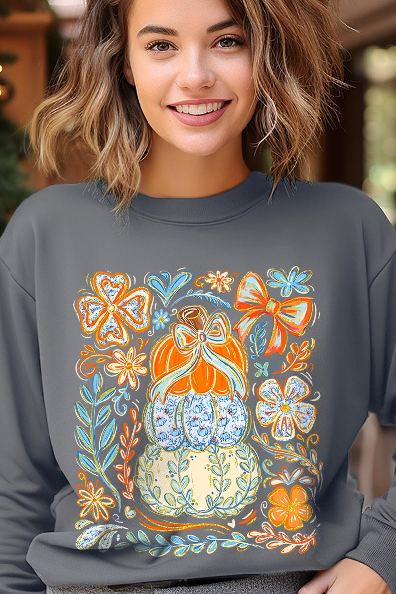 UL180P-E3153 Floral Pumpkin Stack Graphic Plus Sweatshirt $25