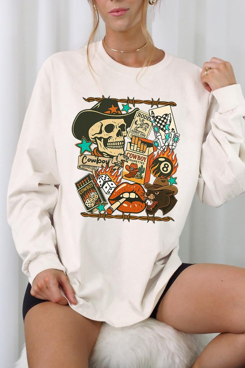 UL240-E3096 Vintage Western Collage Graphic Long Sleeve Tee $13.75