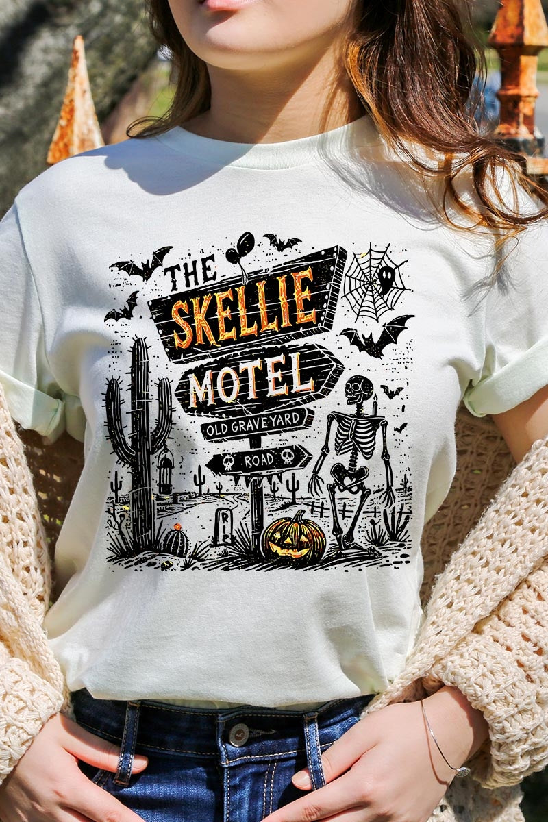 US3001P-E3108 Skellie Motel Halloween Graphic Plus Tee $16