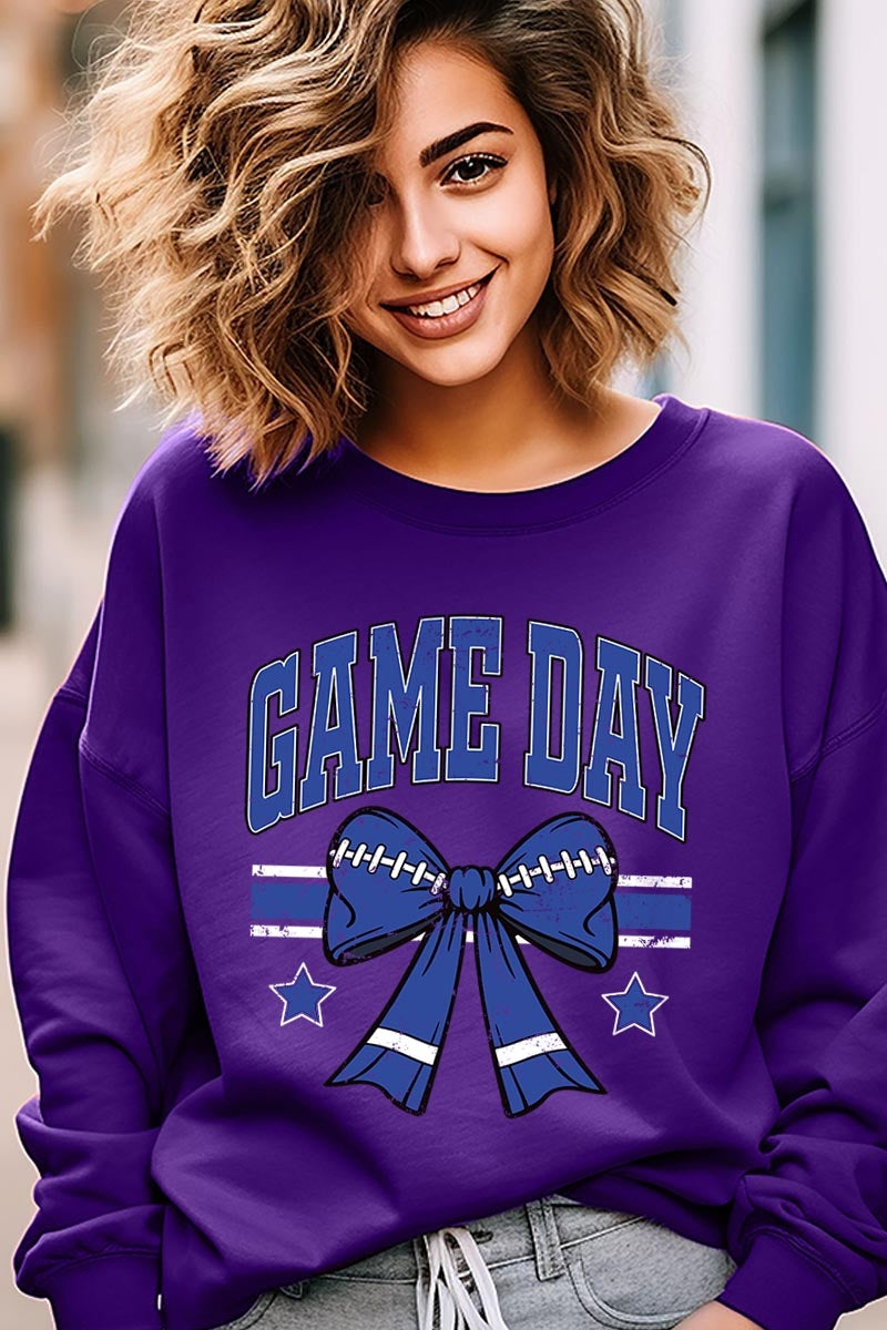 UL180P-E3065 Blue Game Day Football Bow Graphic Plus Sweatshirt $25