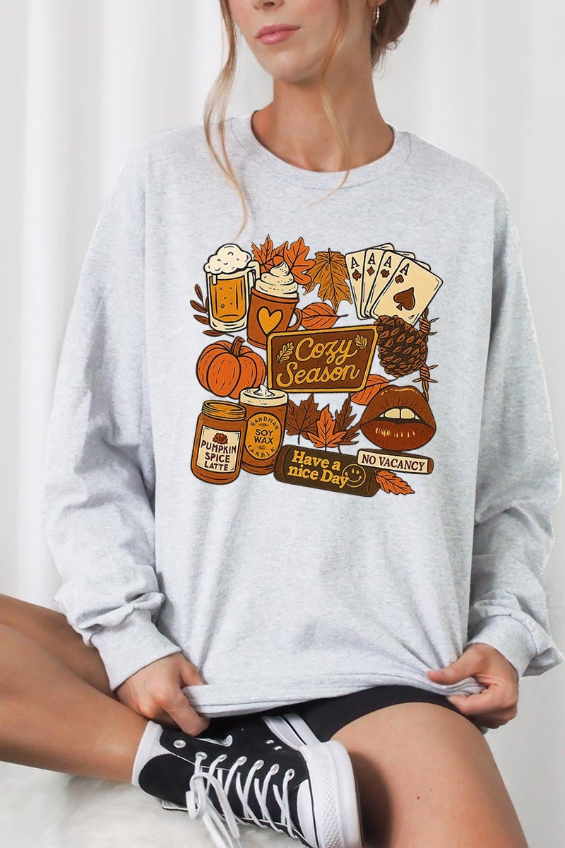 UL240-E3119 Retro Fall Collage Graphic Long Sleeve Tee $13.75