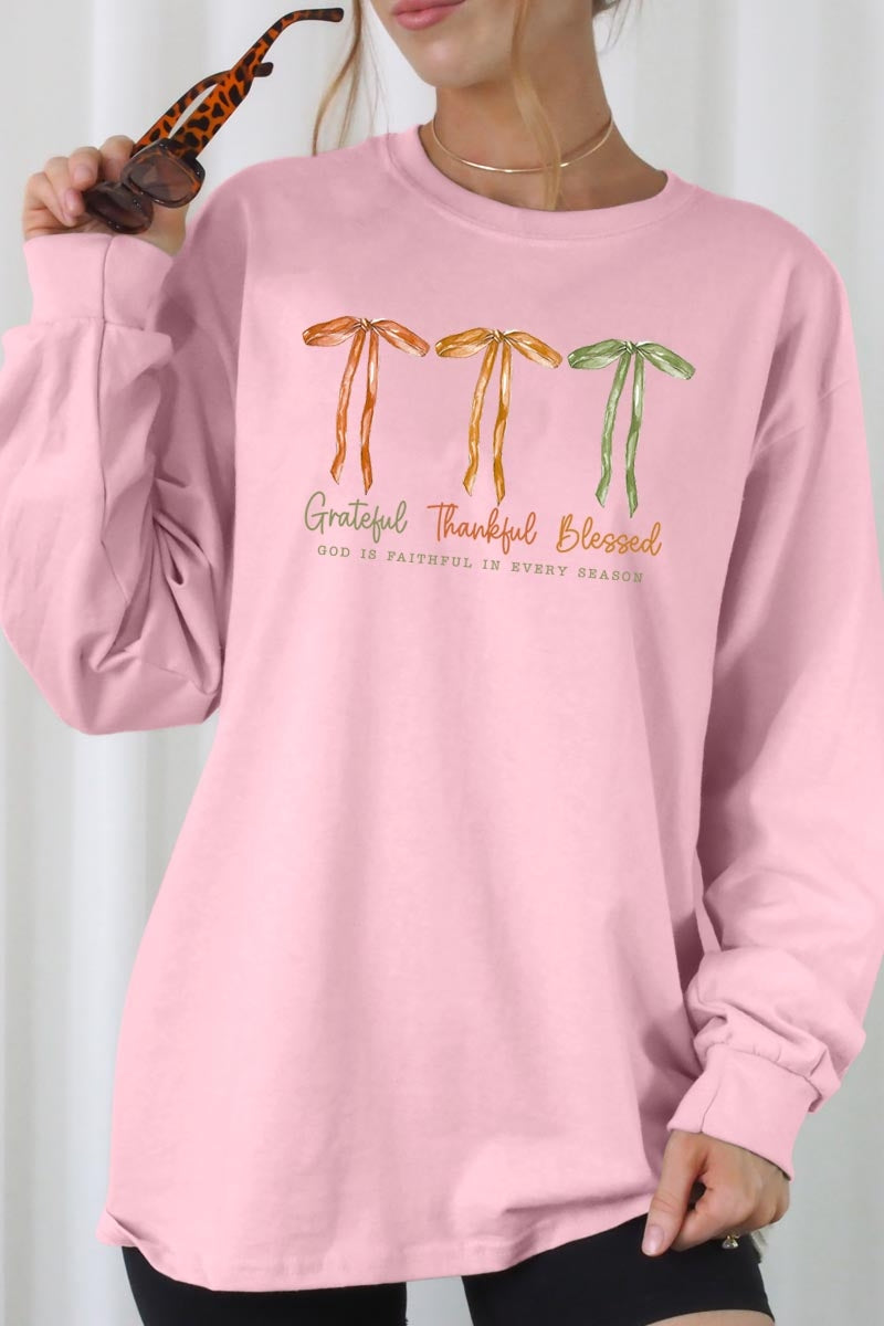 UL240-E3111 Grateful Thankful Blessed Graphic Long Sleeve Tee $13.75