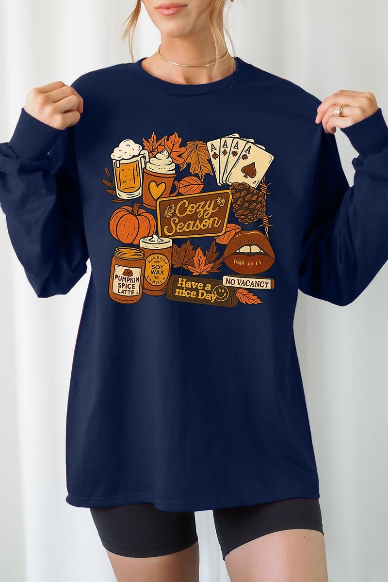 UL240-E3119 Retro Fall Collage Graphic Long Sleeve Tee $13.75