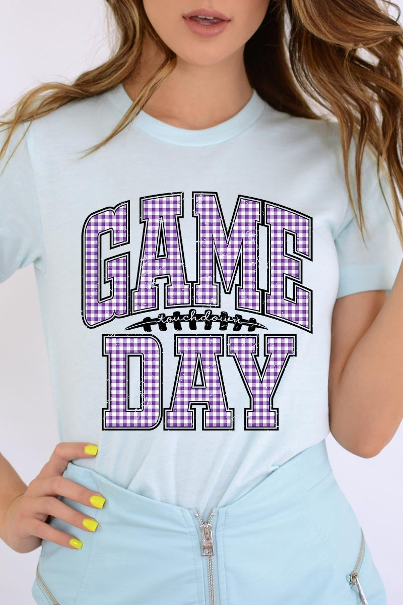 US3001-E3127 Purple Gingham Game Day Graphic Tee $12.5