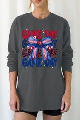 UL240-E3087 Red Blue Football Game Day Bow Long Sleeve Tee $13.75