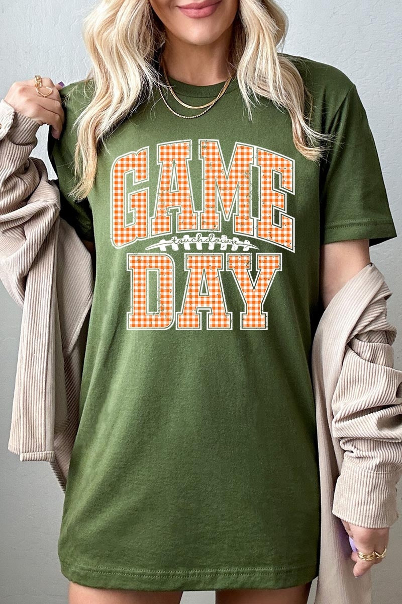 US3001P-E3129 Orange Gingham Game Day Graphic Plus Tee $16