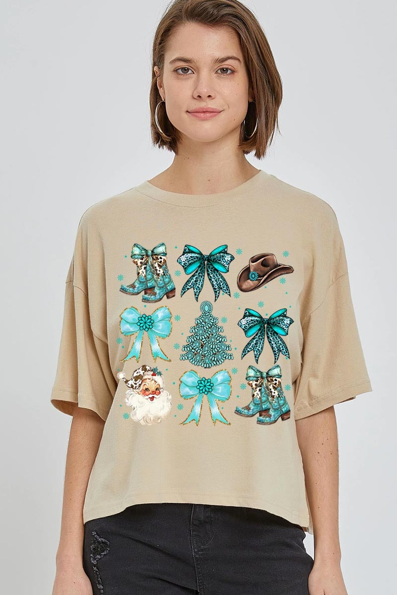 CTS-E3180 Western Christmas Graphic Relaxed Crop Top $11