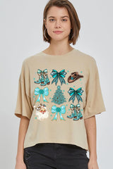 CTS-E3180 Western Christmas Graphic Relaxed Crop Top $11