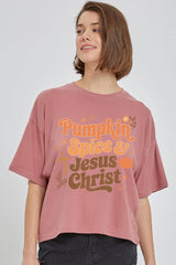 CTS-E3164 Pumpkin Spice & Jesus Graphic Relaxed Crop Top $11