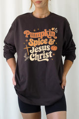 UL240-E3164 Pumpkin Spice & Jesus Graphic Long Sleeve Tee $13.75