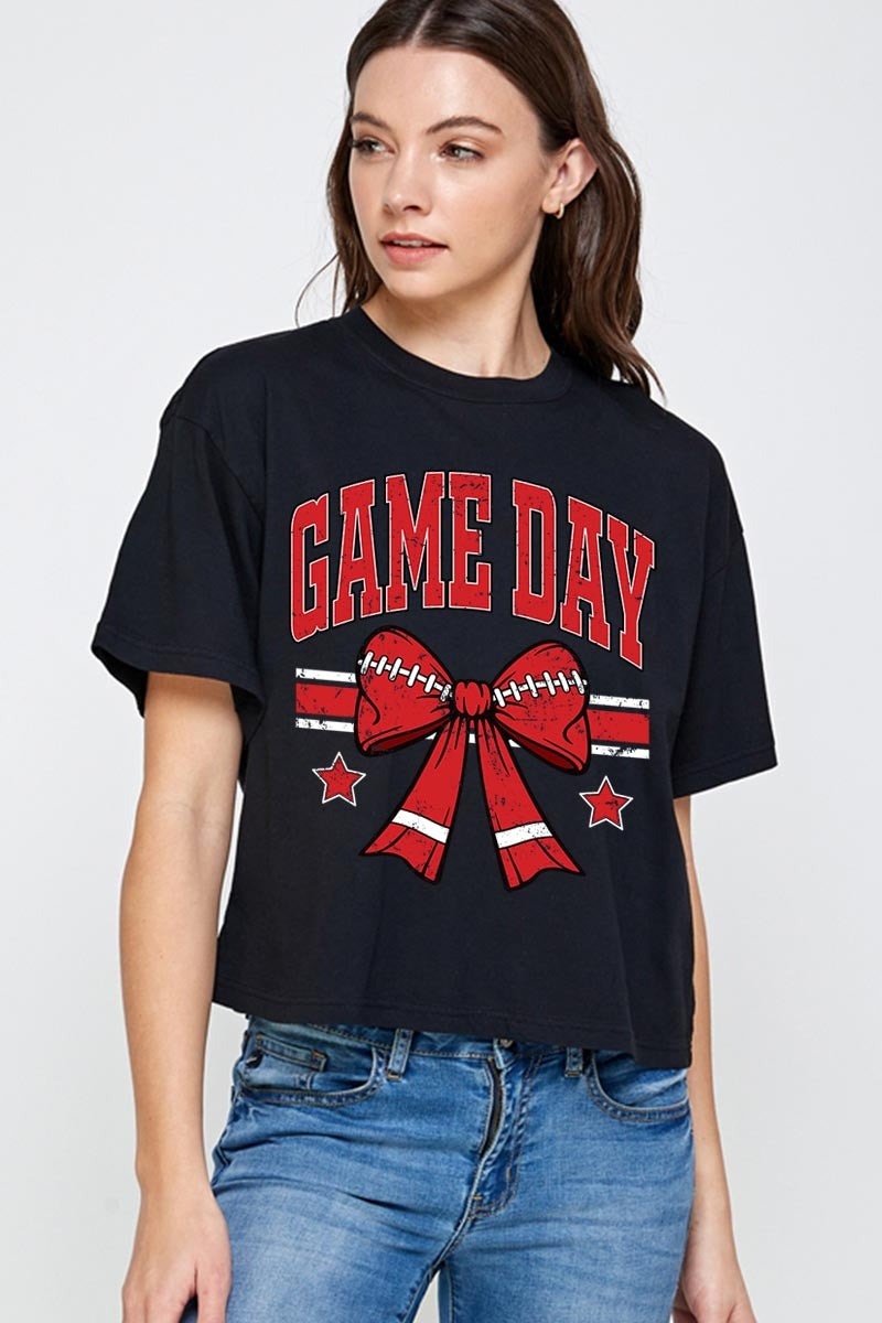 CTS-E3062 Red Game Day Football Bow Graphic Relaxed Crop Top $11