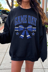 UL180P-E3065 Blue Game Day Football Bow Graphic Plus Sweatshirt $25
