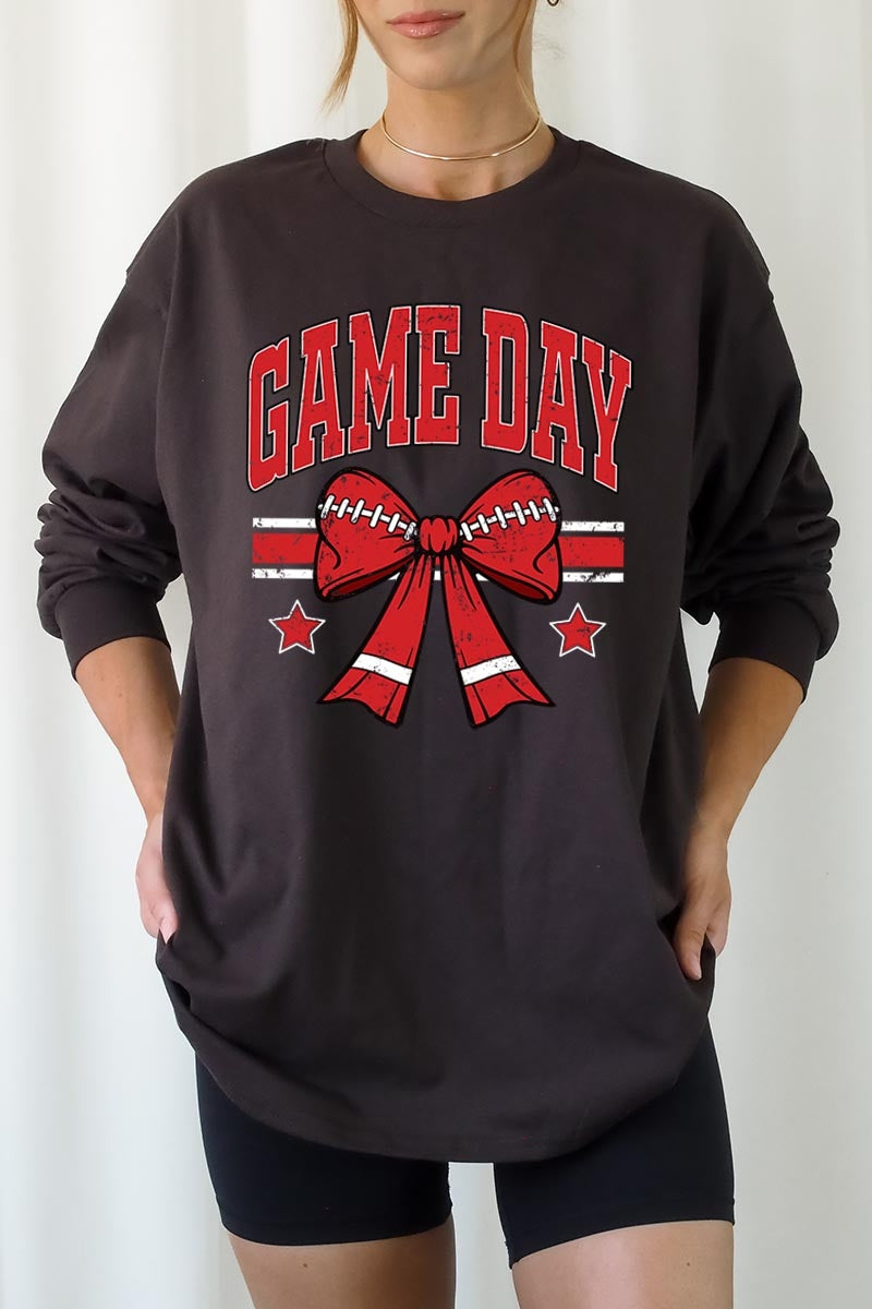 UL240P-E3062 Red Game Day Football Bow Plus Long Sleeve Tee $17