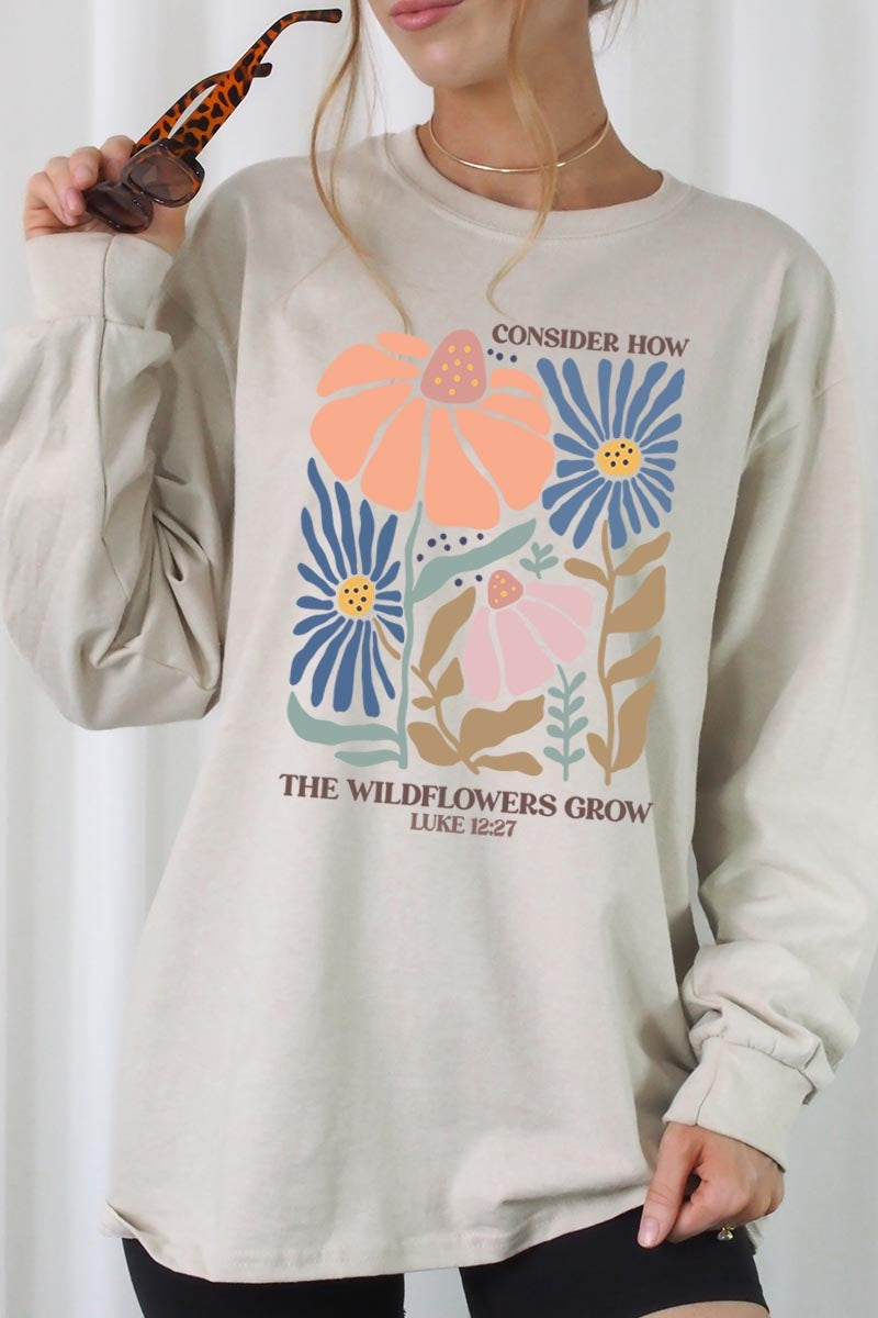UL240-E3067 Consider the Wildflowers Graphic Long Sleeve Tee $13.75