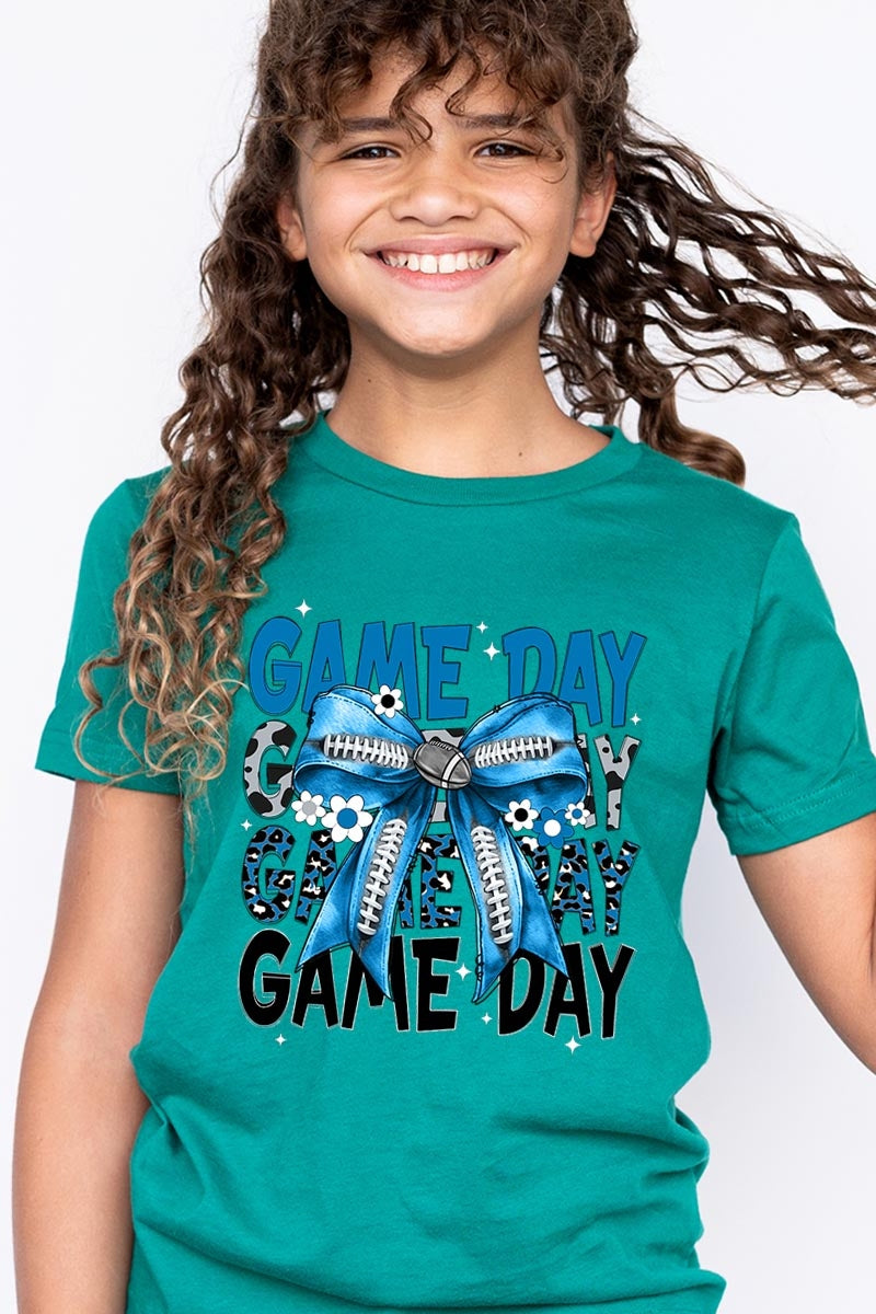 US3001Y-E3089Z Blue Silver Football Game Day Bow Kids Graphic Tee $11