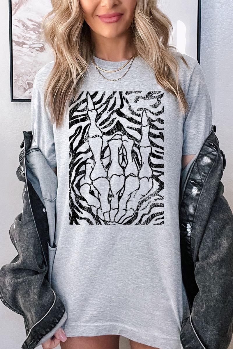 US3001-E3177 Skeleton Hands Zebra Graphic Tee $12.5