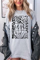 US3001P-E3177 Skeleton Hands Zebra Graphic Plus Tee $16