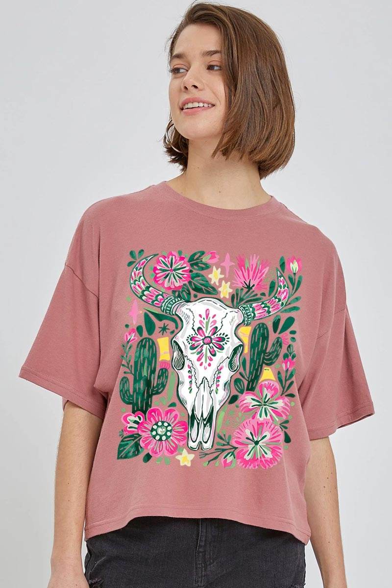 CTS-E3086 Western Floral Cow Skull Graphic Relaxed Crop Top $11