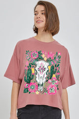 CTS-E3086 Western Floral Cow Skull Graphic Relaxed Crop Top $11