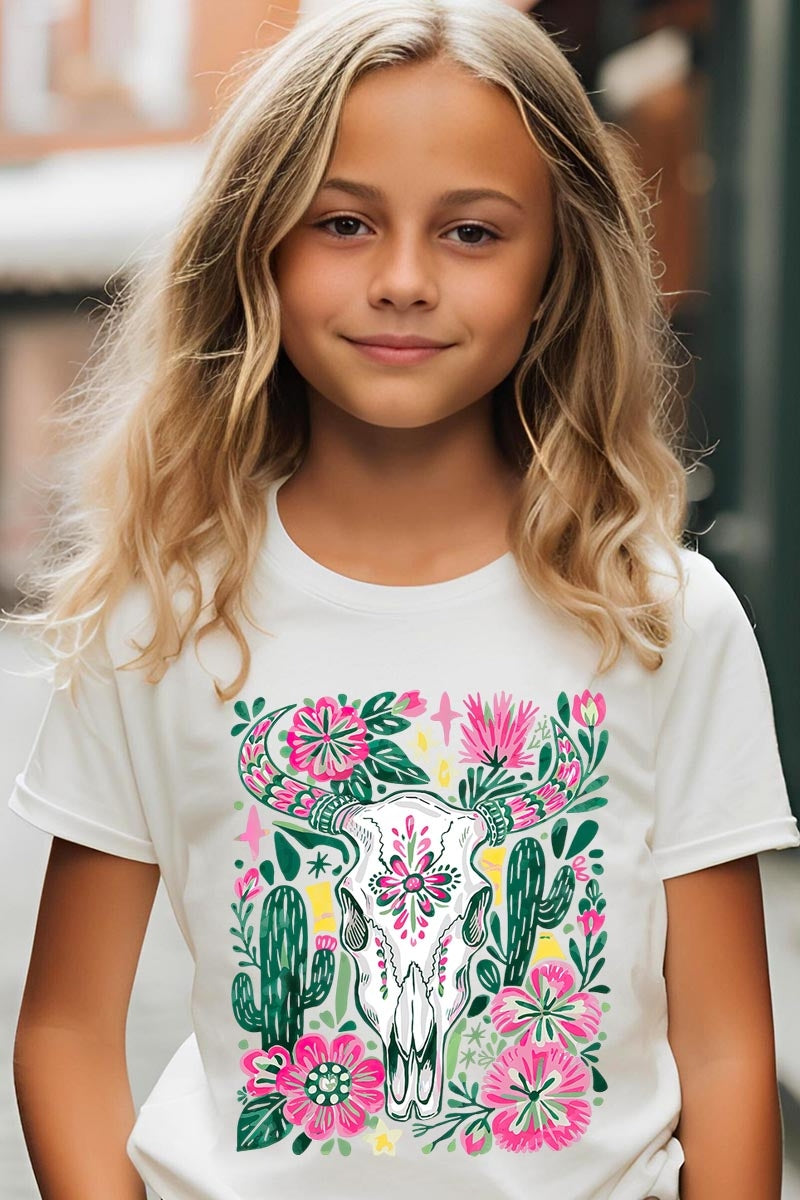 US3001Y-E3086Z Western Floral Cow Skull Kids Graphic Tee $11