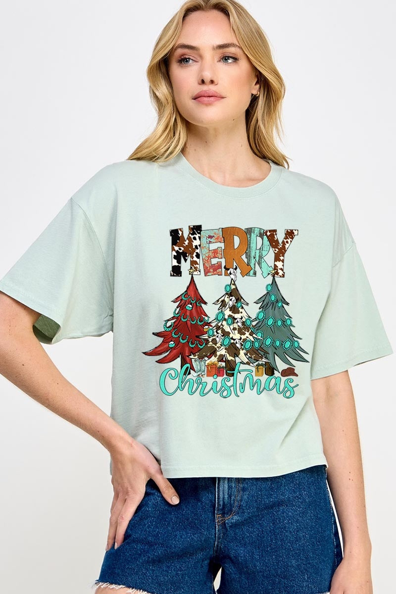 CTS-E3200 Merry Christmas Trees Graphic Relaxed Crop Top $11