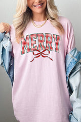 5000-E3206 Plaid Merry Christmas Bow Graphic Heavy Cotton Tee $9