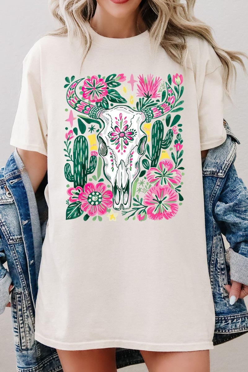 5000-E3086 Western Floral Cow Skull Graphic Heavy Cotton Tee $9