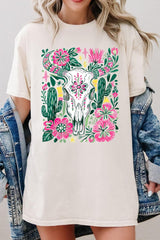 5000-E3086 Western Floral Cow Skull Graphic Heavy Cotton Tee $9