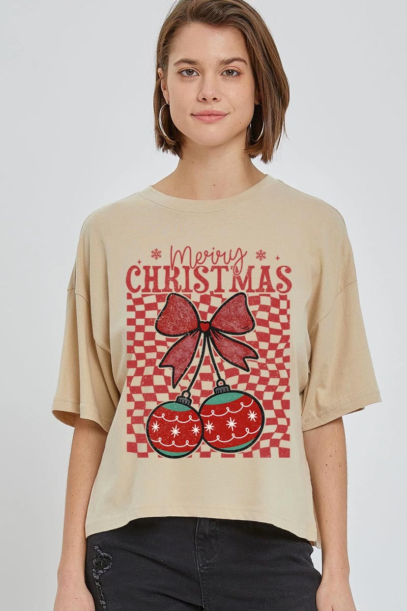 CTS-E3196 Cherry Ornament Christmas Graphic Relaxed Crop Top $11