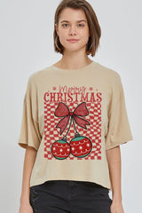 CTS-E3196 Cherry Ornament Christmas Graphic Relaxed Crop Top $11