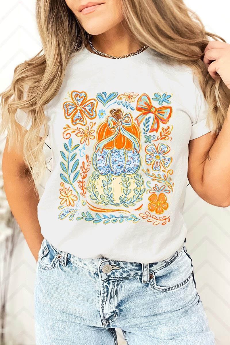 US3001-E3153 Floral Pumpkin Stack Graphic Tee $12.5