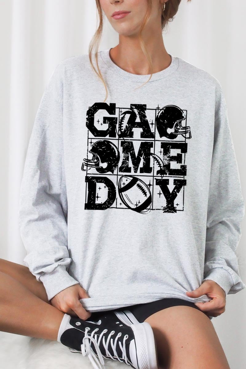 UL240-E3073 Distressed Game Day Graphic Long Sleeve Tee $13.75