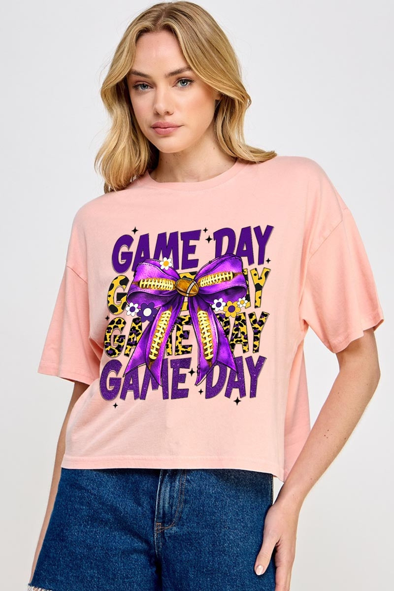 CTS-E3092 Purple Football Game Day Bow Relaxed Crop Top $11