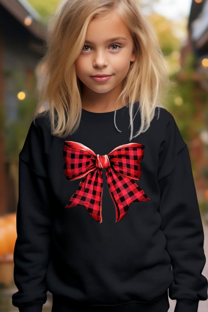 UL180B-E3198Z Red Buffalo Plaid Bow Kids Graphic Sweatshirt $20