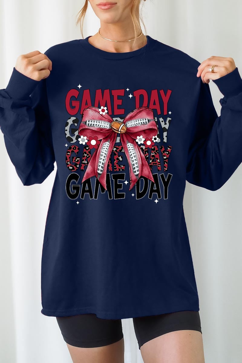UL240-E3093 Red Silver Football Game Day Bow Long Sleeve Tee $13.75