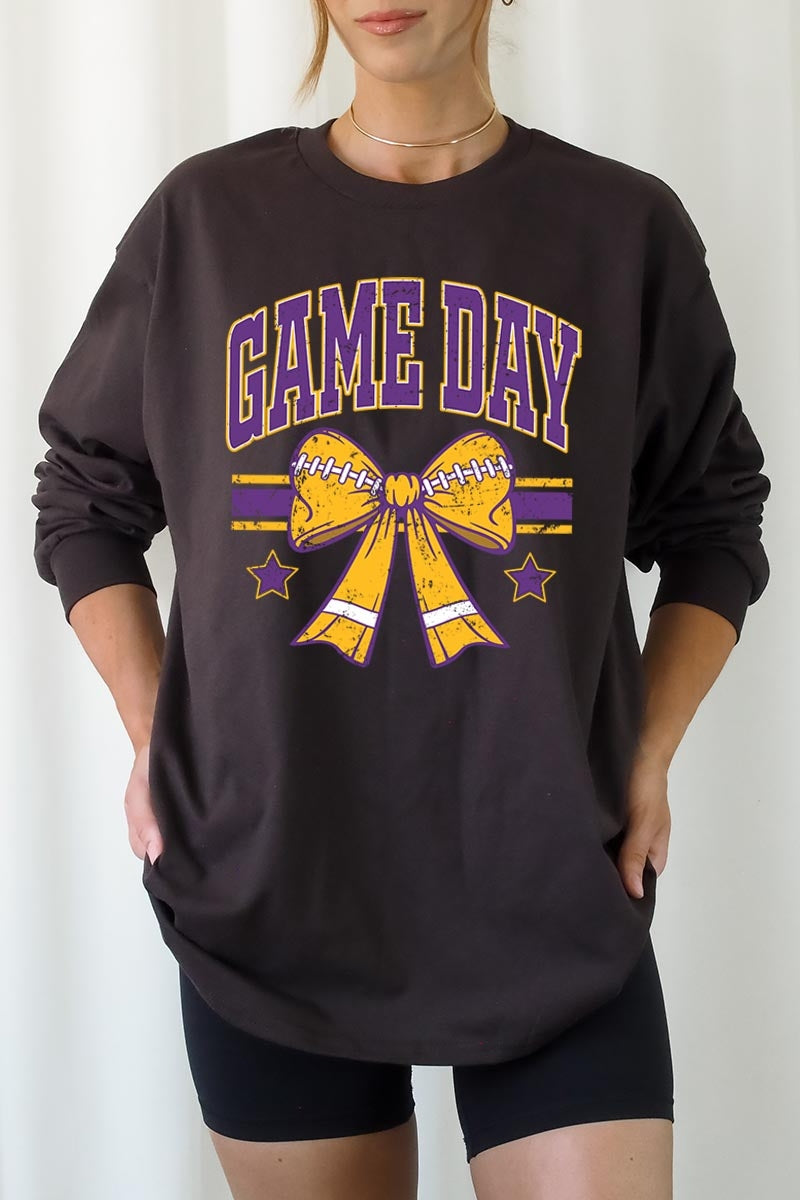UL240-E3063 Purple Game Day Football Bow Long Sleeve Tee $13.75