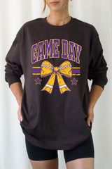 UL240-E3063 Purple Game Day Football Bow Long Sleeve Tee $13.75