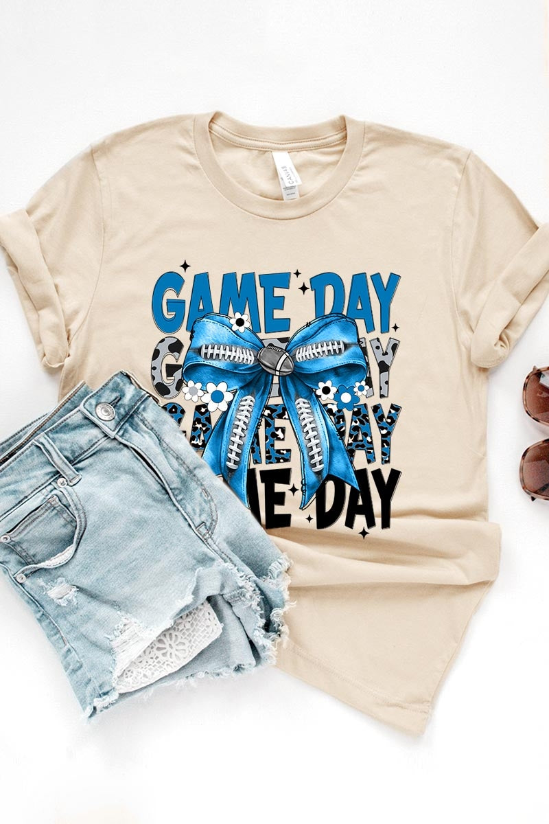 US3001P-E3089 Blue Silver Football Game Day Bow Graphic Plus Tee $16