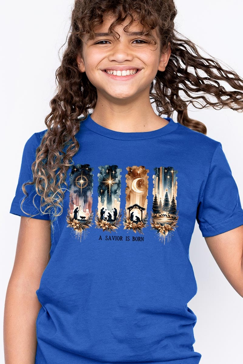 US3001Y-E3204Z Savior Is Born Nativity Kids Graphic Tee $11