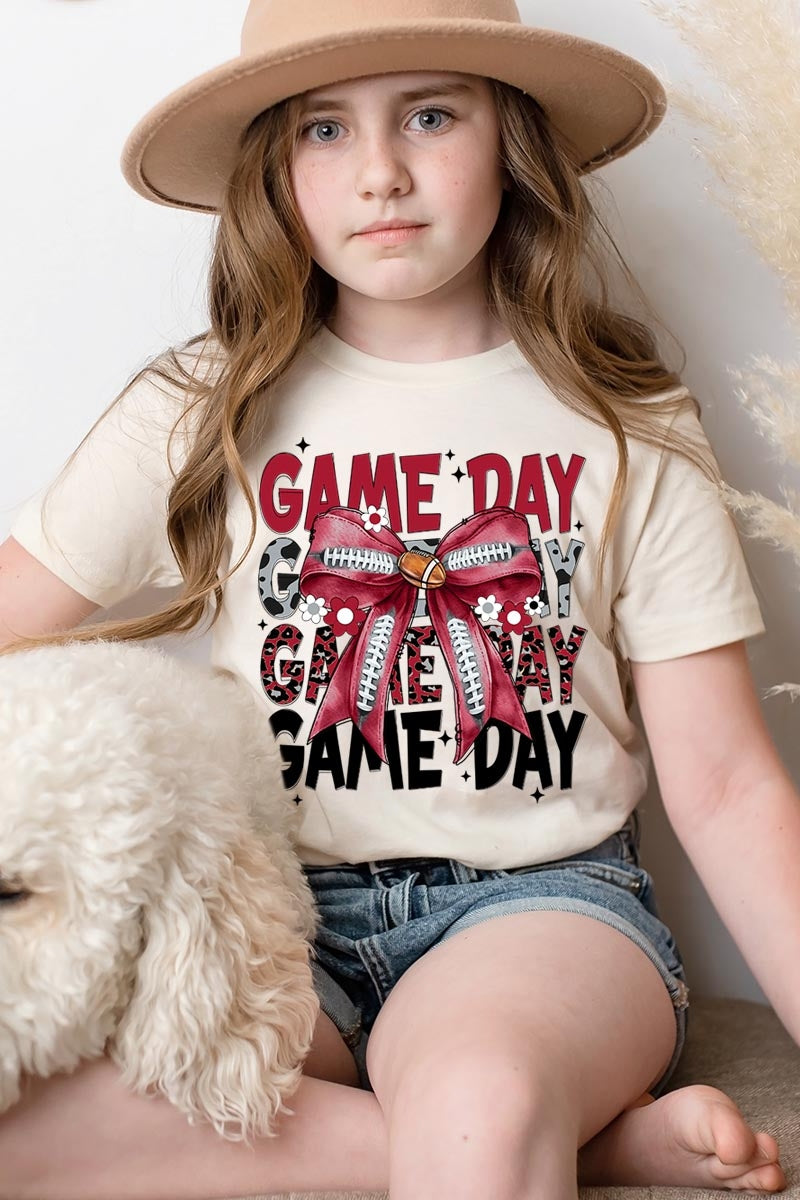 US3001Y-E3093Z Red Silver Football Game Day Bow Kids Graphic Tee $11