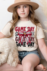 US3001Y-E3093Z Red Silver Football Game Day Bow Kids Graphic Tee $11