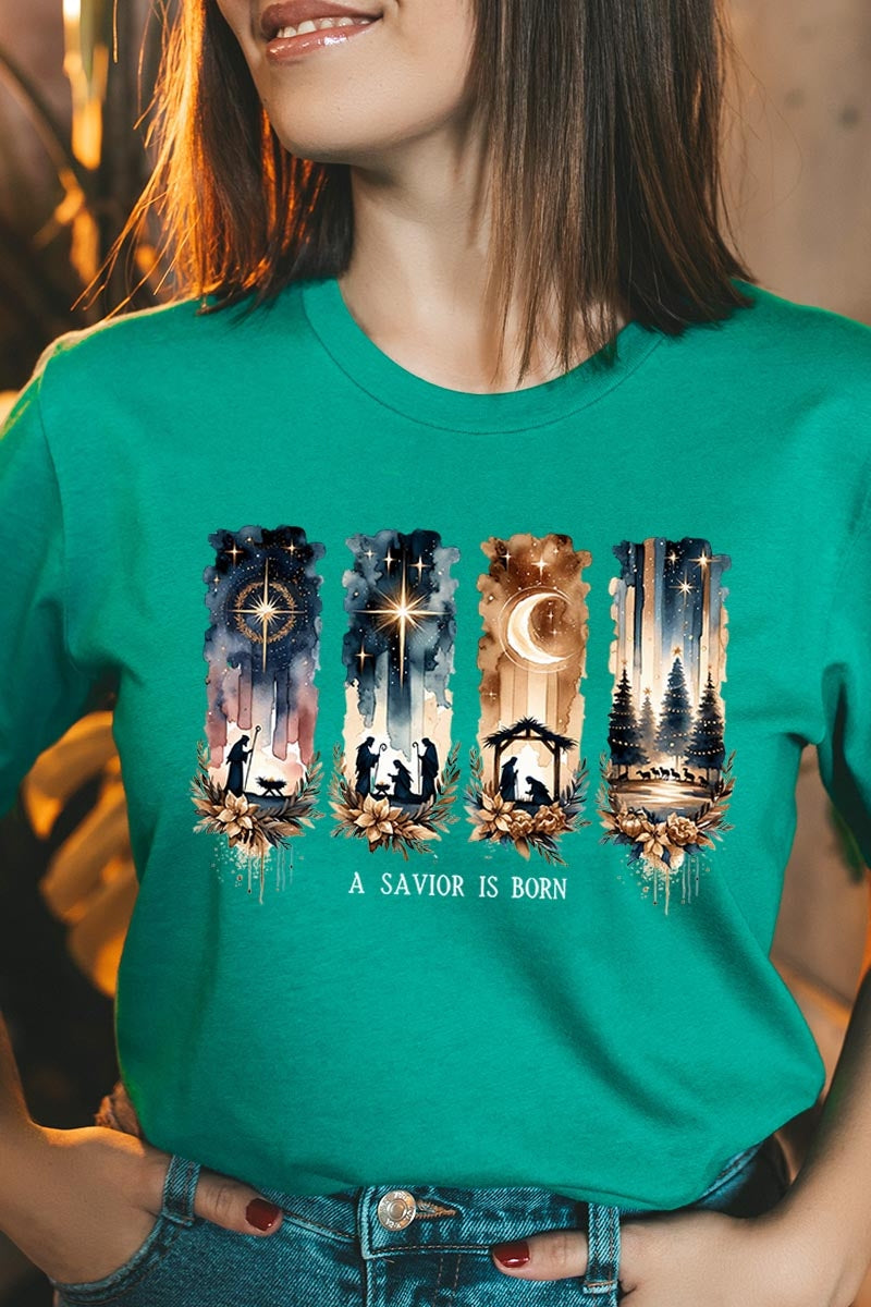 US3001P-E3204 Savior Is Born Nativity Graphic Plus Tee $16