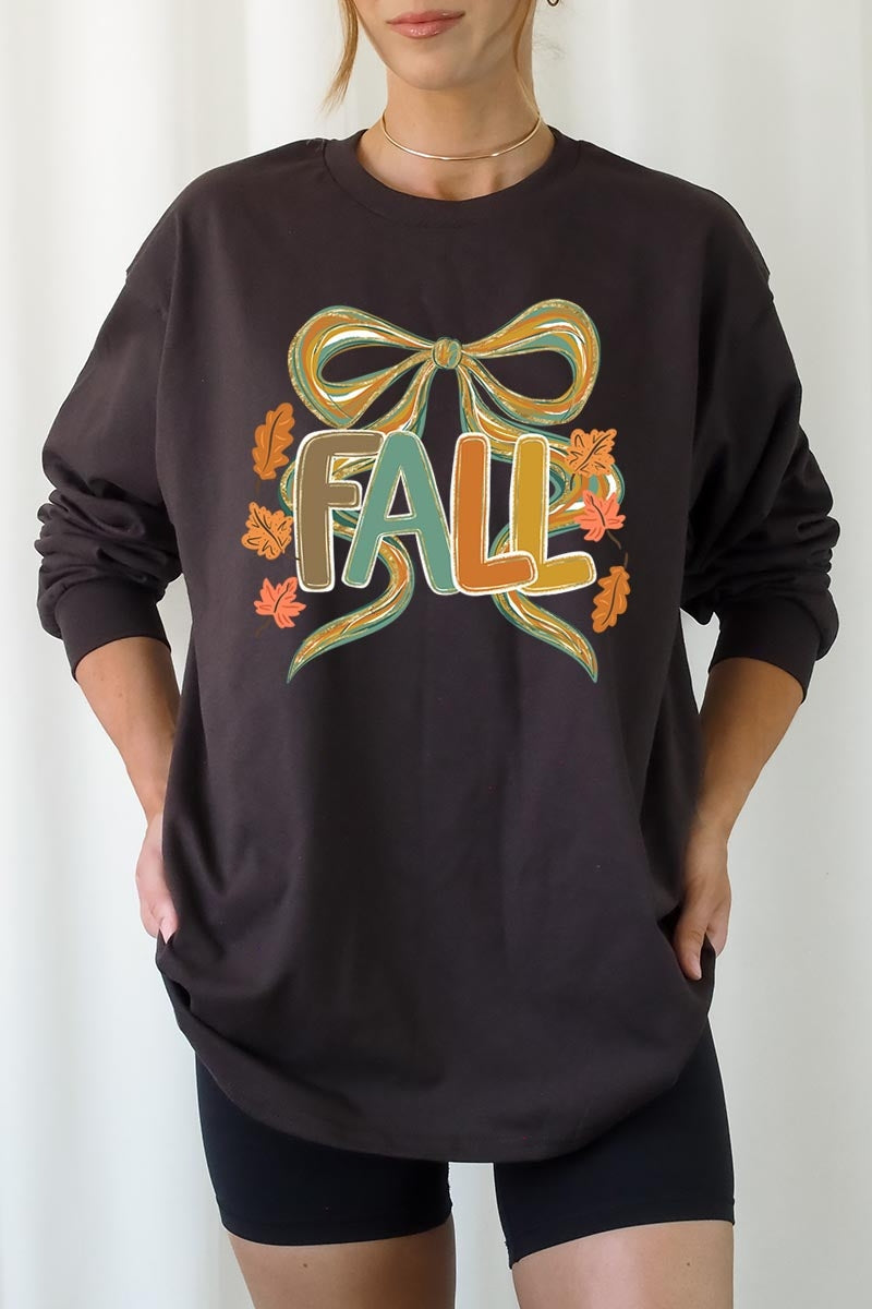UL240P-E3121 Fall Brushstroke Bow Graphic Plus Long Sleeve Tee $17