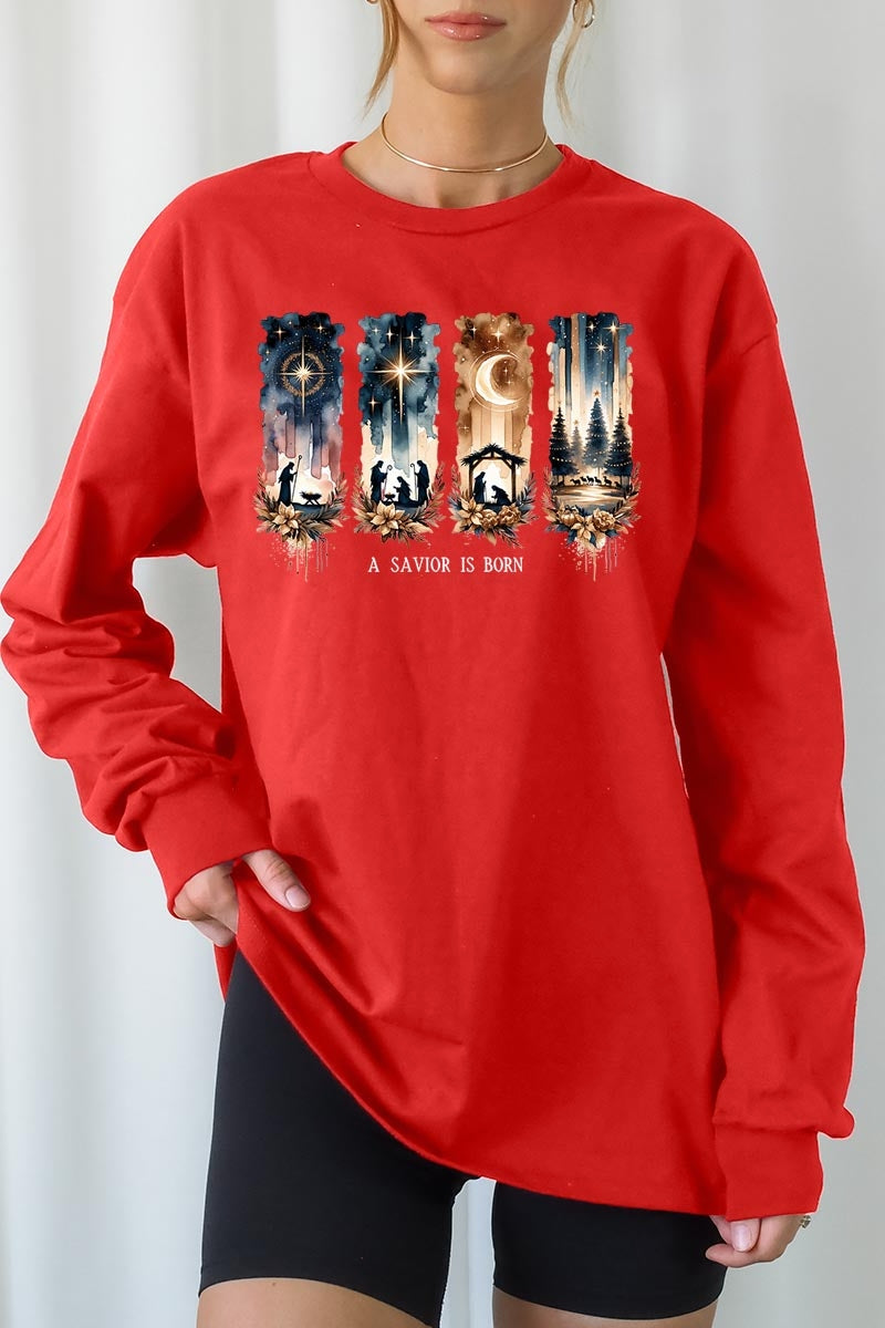UL240P-E3204 Savior Is Born Nativity Graphic Plus Long Sleeve Tee $17