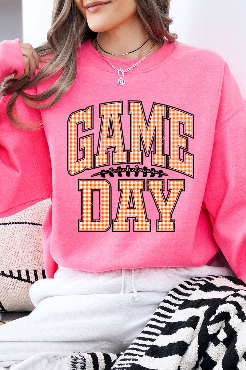 UL180P-E3129 Orange Gingham Game Day Graphic Plus Sweatshirt $25