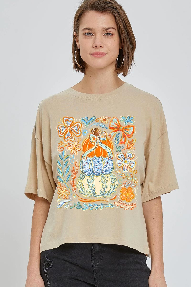 CTS-E3153 Floral Pumpkin Stack Graphic Relaxed Crop Top $11