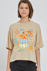 CTS-E3153 Floral Pumpkin Stack Graphic Relaxed Crop Top $11