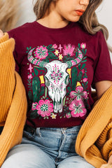 US3001-E3086 Western Floral Cow Skull Graphic Tee $12.5